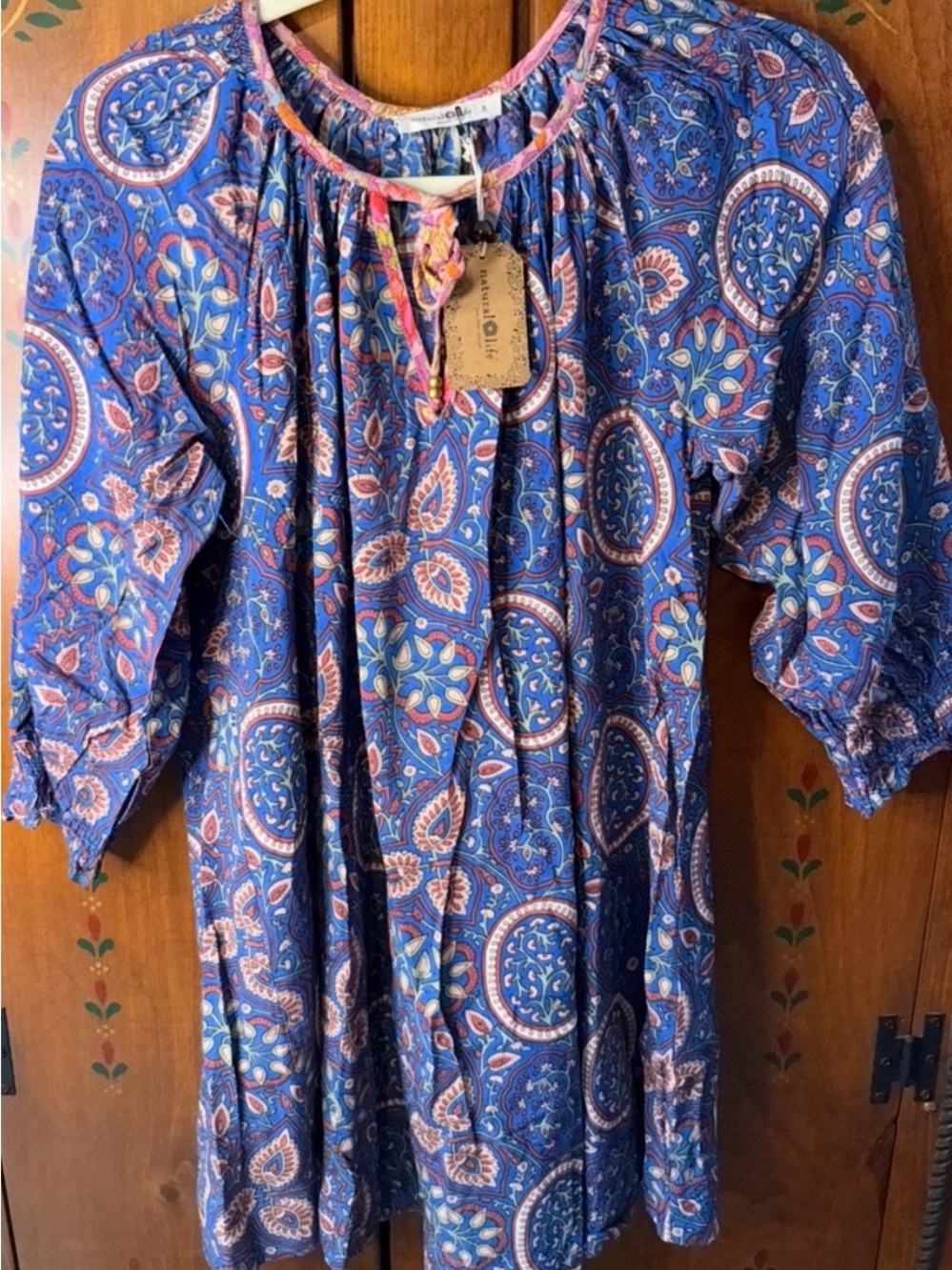 NATURAL LIFE Blue Paisley Tie-Neck dress SMALL NWT